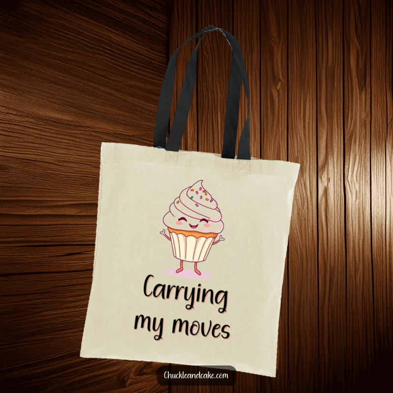 Funny tote bag with a smiling cupcake, its tiny legs dancing amidst sprinkles, exuding happiness and playful energy.