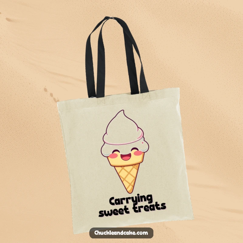 Funny laughing ice cream cone with frosting melting slightly on a tote bag, a stylish and humorous companion.