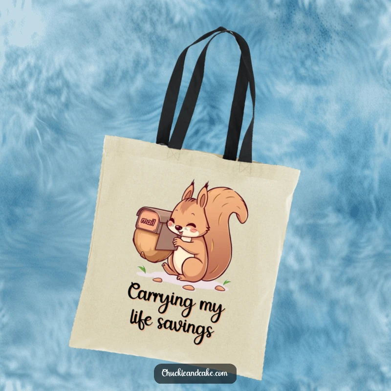 Funny squirrel tote bag, humorously trying to mail a giant nut, with a determined and funny expression.