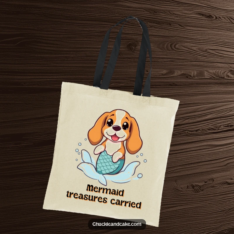 Funny Basset Hound wearing a mermaid tail, splashing in gentle waves, ready for the sea on a tote bag.