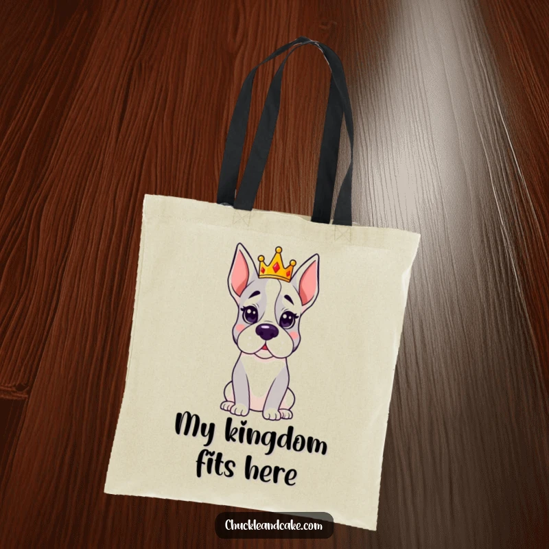 Funny Grand Dane tote bag depicting a dog wearing a small, bejeweled crown, looking stately and amusingly royal.